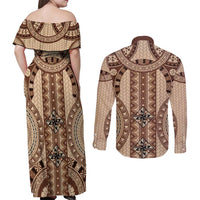 Bula Fiji Vintage Couples Matching Off Shoulder Maxi Dress and Long Sleeve Button Shirt Brown Masi Motifs LT7 - Polynesian Pride