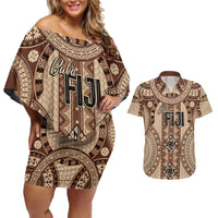 Bula Fiji Vintage Couples Matching Off Shoulder Short Dress and Hawaiian Shirt Brown Masi Motifs LT7 Brown - Polynesian Pride