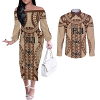 Bula Fiji Vintage Couples Matching Off The Shoulder Long Sleeve Dress and Long Sleeve Button Shirt Brown Masi Motifs LT7 Brown - Polynesian Pride