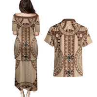 Bula Fiji Vintage Couples Matching Puletasi and Hawaiian Shirt Brown Masi Motifs LT7 - Polynesian Pride