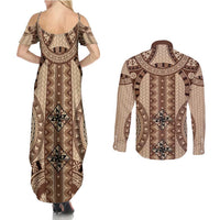 Bula Fiji Vintage Couples Matching Summer Maxi Dress and Long Sleeve Button Shirt Brown Masi Motifs LT7 - Polynesian Pride
