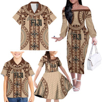 Bula Fiji Vintage Family Matching Off The Shoulder Long Sleeve Dress and Hawaiian Shirt Brown Masi Motifs LT7 - Polynesian Pride