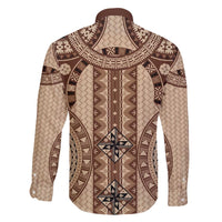 Bula Fiji Vintage Family Matching Off The Shoulder Long Sleeve Dress and Hawaiian Shirt Brown Masi Motifs LT7 - Polynesian Pride