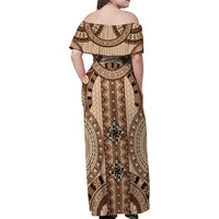 Bula Fiji Vintage Family Matching Off Shoulder Maxi Dress and Hawaiian Shirt Brown Masi Motifs LT7 - Polynesian Pride