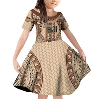 Bula Fiji Vintage Family Matching Off Shoulder Short Dress and Hawaiian Shirt Brown Masi Motifs LT7 Daughter's Dress Brown - Polynesian Pride