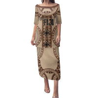 Bula Fiji Vintage Family Matching Puletasi and Hawaiian Shirt Brown Masi Motifs LT7 Mom's Dress Brown - Polynesian Pride