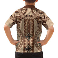 Bula Fiji Vintage Family Matching Summer Maxi Dress and Hawaiian Shirt Brown Masi Motifs LT7 - Polynesian Pride