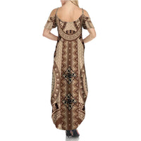 Bula Fiji Vintage Family Matching Summer Maxi Dress and Hawaiian Shirt Brown Masi Motifs LT7 - Polynesian Pride