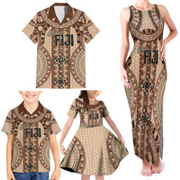 Bula Fiji Vintage Family Matching Tank Maxi Dress and Hawaiian Shirt Brown Masi Motifs LT7 - Polynesian Pride
