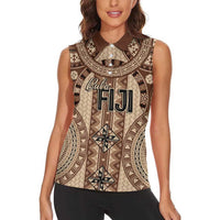 Bula Fiji Vintage Women Sleeveless Polo Shirt Brown Masi Motifs LT7 - Polynesian Pride