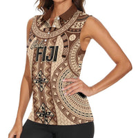 Bula Fiji Vintage Women Sleeveless Polo Shirt Brown Masi Motifs LT7 - Polynesian Pride