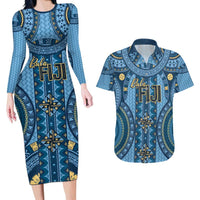 Bula Fiji Vintage Couples Matching Long Sleeve Bodycon Dress and Hawaiian Shirt Prussian Blue Masi Motifs LT7 Prussian Blue - Polynesian Pride