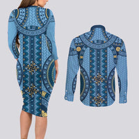 Bula Fiji Vintage Couples Matching Long Sleeve Bodycon Dress and Long Sleeve Button Shirt Prussian Blue Masi Motifs LT7 - Polynesian Pride