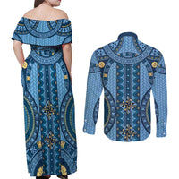 Bula Fiji Vintage Couples Matching Off Shoulder Maxi Dress and Long Sleeve Button Shirt Prussian Blue Masi Motifs LT7 - Polynesian Pride