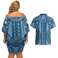 Bula Fiji Vintage Couples Matching Off Shoulder Short Dress and Hawaiian Shirt Prussian Blue Masi Motifs LT7 - Polynesian Pride