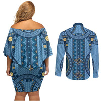 Bula Fiji Vintage Couples Matching Off Shoulder Short Dress and Long Sleeve Button Shirt Prussian Blue Masi Motifs LT7 - Polynesian Pride