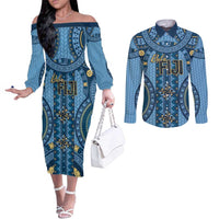 Bula Fiji Vintage Couples Matching Off The Shoulder Long Sleeve Dress and Long Sleeve Button Shirt Prussian Blue Masi Motifs LT7 Prussian Blue - Polynesian Pride