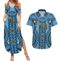Bula Fiji Vintage Couples Matching Summer Maxi Dress and Hawaiian Shirt Prussian Blue Masi Motifs LT7 Prussian Blue - Polynesian Pride