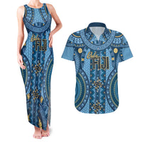 Bula Fiji Vintage Couples Matching Tank Maxi Dress and Hawaiian Shirt Prussian Blue Masi Motifs LT7 Prussian Blue - Polynesian Pride