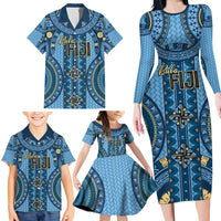 Bula Fiji Vintage Family Matching Long Sleeve Bodycon Dress and Hawaiian Shirt Prussian Blue Masi Motifs LT7 - Polynesian Pride