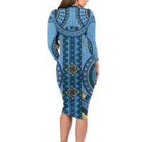 Bula Fiji Vintage Family Matching Long Sleeve Bodycon Dress and Hawaiian Shirt Prussian Blue Masi Motifs LT7 - Polynesian Pride