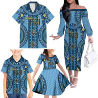 Bula Fiji Vintage Family Matching Off The Shoulder Long Sleeve Dress and Hawaiian Shirt Prussian Blue Masi Motifs LT7 - Polynesian Pride