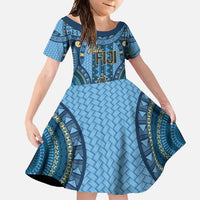 Bula Fiji Vintage Family Matching Off Shoulder Maxi Dress and Hawaiian Shirt Prussian Blue Masi Motifs LT7 Daughter's Dress Prussian Blue - Polynesian Pride