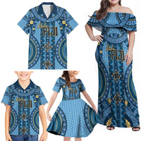 Bula Fiji Vintage Family Matching Off Shoulder Maxi Dress and Hawaiian Shirt Prussian Blue Masi Motifs LT7 - Polynesian Pride