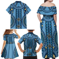 Bula Fiji Vintage Family Matching Off Shoulder Maxi Dress and Hawaiian Shirt Prussian Blue Masi Motifs LT7 - Polynesian Pride