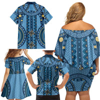 Bula Fiji Vintage Family Matching Off Shoulder Short Dress and Hawaiian Shirt Prussian Blue Masi Motifs LT7 - Polynesian Pride