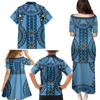 Bula Fiji Vintage Family Matching Puletasi and Hawaiian Shirt Prussian Blue Masi Motifs LT7 - Polynesian Pride