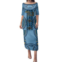 Bula Fiji Vintage Family Matching Puletasi and Hawaiian Shirt Prussian Blue Masi Motifs LT7 Mom's Dress Prussian Blue - Polynesian Pride