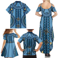 Bula Fiji Vintage Family Matching Summer Maxi Dress and Hawaiian Shirt Prussian Blue Masi Motifs LT7 - Polynesian Pride