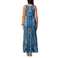 Bula Fiji Vintage Family Matching Tank Maxi Dress and Hawaiian Shirt Prussian Blue Masi Motifs LT7 - Polynesian Pride