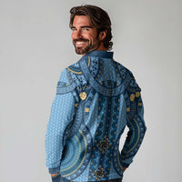 Bula Fiji Vintage Long Sleeve Polo Shirt Prussian Blue Masi Motifs
