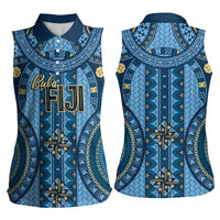 Bula Fiji Vintage Women Sleeveless Polo Shirt Prussian Blue Masi Motifs LT7 - Polynesian Pride