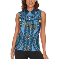 Bula Fiji Vintage Women Sleeveless Polo Shirt Prussian Blue Masi Motifs LT7 - Polynesian Pride