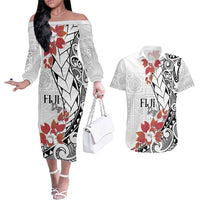 Bula Fiji Day Couples Matching Off The Shoulder Long Sleeve Dress and Hawaiian Shirt Tagimaucia on Masi Pattern LT7 White - Polynesian Pride