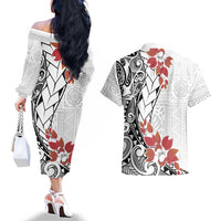 Bula Fiji Day Couples Matching Off The Shoulder Long Sleeve Dress and Hawaiian Shirt Tagimaucia on Masi Pattern LT7 - Polynesian Pride