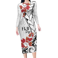 Bula Fiji Day Family Matching Long Sleeve Bodycon Dress and Hawaiian Shirt Tagimaucia on Masi Pattern LT7 Mom's Dress White - Polynesian Pride