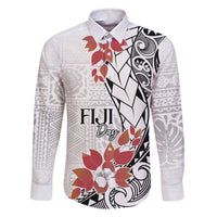 Bula Fiji Day Family Matching Off The Shoulder Long Sleeve Dress and Hawaiian Shirt Tagimaucia on Masi Pattern LT7 Dad's Shirt - Long Sleeve White - Polynesian Pride