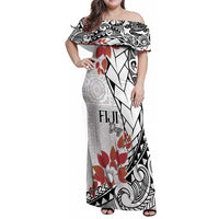 Bula Fiji Day Family Matching Off Shoulder Maxi Dress and Hawaiian Shirt Tagimaucia on Masi Pattern LT7 Mom's Dress White - Polynesian Pride