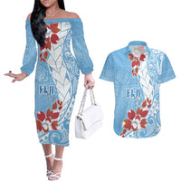 Bula Fiji Day Couples Matching Off The Shoulder Long Sleeve Dress and Hawaiian Shirt Tagimaucia on Masi Pattern - Turquoise LT7 Turquoise - Polynesian Pride