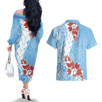 Bula Fiji Day Couples Matching Off The Shoulder Long Sleeve Dress and Hawaiian Shirt Tagimaucia on Masi Pattern - Turquoise LT7 - Polynesian Pride