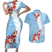 Bula Fiji Day Couples Matching Short Sleeve Bodycon Dress and Hawaiian Shirt Tagimaucia on Masi Pattern - Turquoise LT7 Turquoise - Polynesian Pride