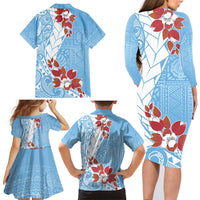 Bula Fiji Day Family Matching Long Sleeve Bodycon Dress and Hawaiian Shirt Tagimaucia on Masi Pattern - Turquoise LT7 - Polynesian Pride