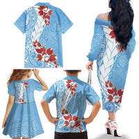 Bula Fiji Day Family Matching Off The Shoulder Long Sleeve Dress and Hawaiian Shirt Tagimaucia on Masi Pattern - Turquoise LT7 - Polynesian Pride