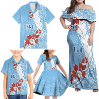 Bula Fiji Day Family Matching Off Shoulder Maxi Dress and Hawaiian Shirt Tagimaucia on Masi Pattern - Turquoise LT7 - Polynesian Pride