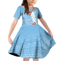 Bula Fiji Day Family Matching Off Shoulder Short Dress and Hawaiian Shirt Tagimaucia on Masi Pattern - Turquoise LT7 Daughter's Dress Turquoise - Polynesian Pride