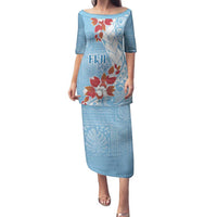 Bula Fiji Day Family Matching Puletasi and Hawaiian Shirt Tagimaucia on Masi Pattern - Turquoise LT7 Mom's Dress Turquoise - Polynesian Pride